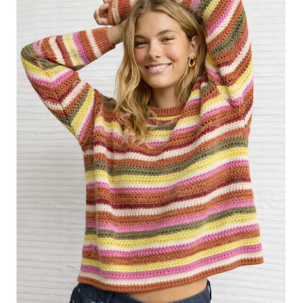AMERICAN EAGLE Knit Crochet Multicolor Striped Sweater Medium M